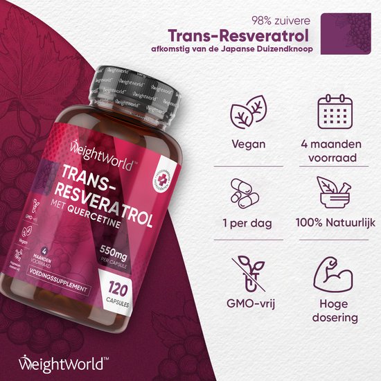 WeightWorld Trans Resveratrol met Quercetine - 120 Resveratrol capsules 500 mg voor 4 maanden voorraad - Vegan - Weight World