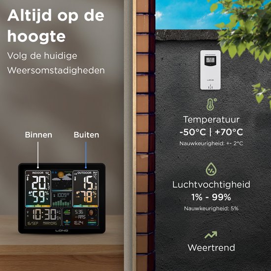 LONQ Weerstation Binnen en Buiten - 18 Functies - Draadloos Weerstation met Buitensensor - Thermometer Hygrometer - Kleurendisplay - DCF Gestuurde Klok