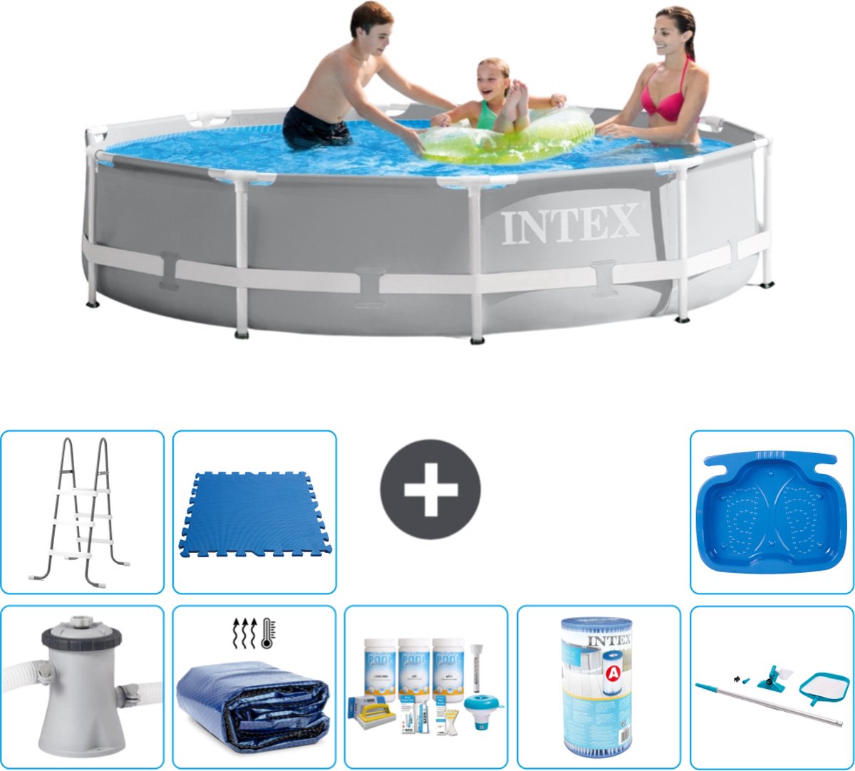 Intex Rond Prism Frame Zwembad – 305 x 76 cm – Grijs – Inclusief Pomp Solarzeil – Onderhoudspakket – Filter – Schoonmaakset – Ladder – Voetenbad – Vloertegels Intex Rond Prism Frame Zwembad – 305 x 76 cm – Grijs – Inclusief Pomp Solarzeil – Onderhoudspakket – Filter – Schoonmaakset – Ladder – Voetenbad – Vloertegels