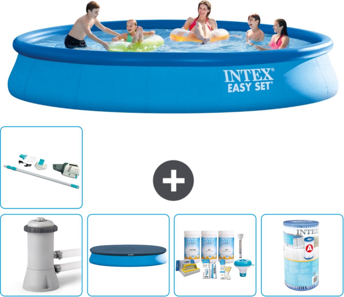 Intex Rond Opblaasbaar Easy Set Zwembad - 457 x 84 cm - Blauw - Inclusief Pomp Afdekzeil - Onderhoudspakket - Filter - Stofzuiger