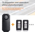Zwart anti-diefstal alarm met 2 afstandsbedieningen, te koppelen met maximaal 8 afstandsbedieningen.