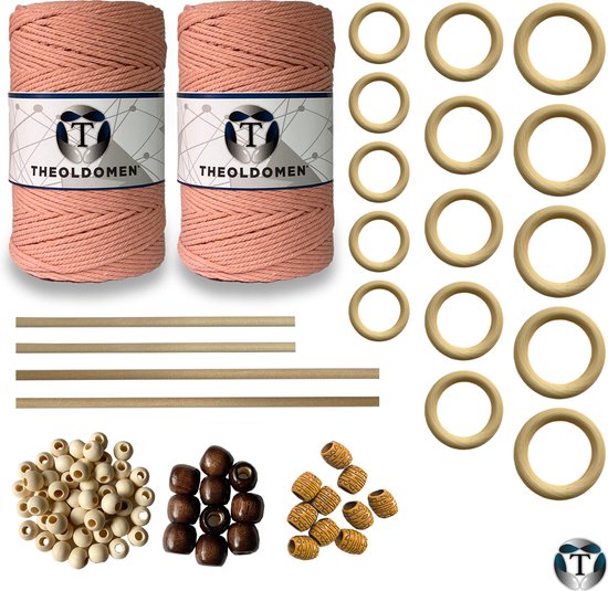 XXL Macramé Pakket | 400 METER | Incl. Handleiding | Zalmroze | Starter Set | Ringen | Kralen | Stokken | Macramé Touw | 3mm | 100% Katoen | Macramé | Decoratie | DIY | Doe Het Zelf | Wandkleed | Dromenvanger | Plantenhanger | Tassen | TheOldOmen