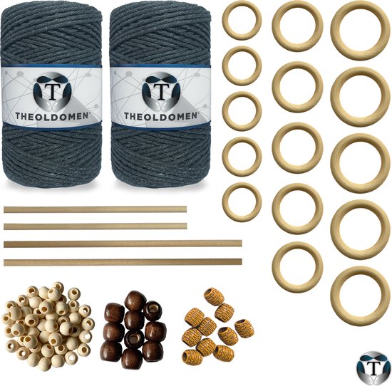 XXL Macramé Pakket | 400 METER | Incl. Handleiding | Donkergrijs | Starter Set | Ringen | Kralen | Stokken | Macramé Touw | 3mm | 100% Katoen | Macramé | Decoratie | DIY | Doe Het Zelf | Wandkleed | Dromenvanger | Plantenhanger | Tassen | TheOldOmen
