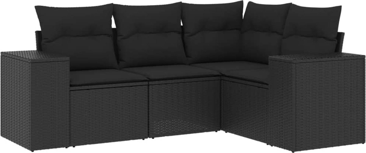 vidaXL 4-delige - Loungeset - met - kussens - poly - rattan - zwart