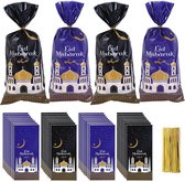 Eid Mubarak geschenkzakjes, 100 stuks Eid Mubarak feestzakjes, Ramadan thema bedrukt, patroon, geschenktas, Ramadan snoeptas met 100 twist stropdassen voor Eid Mubarak Party Decoratie (C)