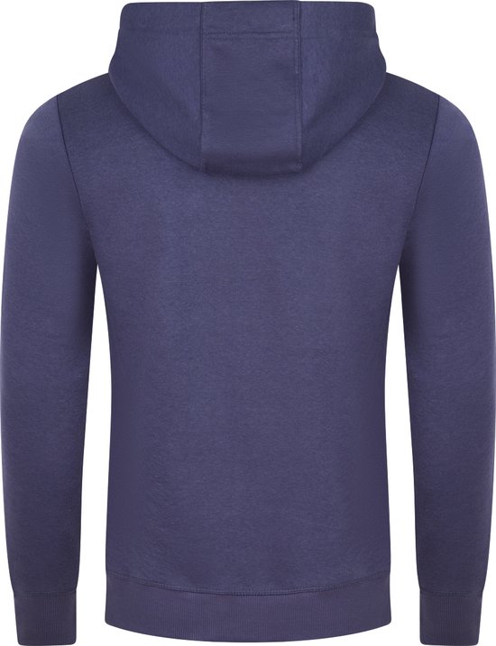 Achterkant van een donkerblauwe regular fit sweater met capuchon.