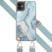 Hoesje met blauw koord - Geschikt voor iPhone 11 - Marmer babyblauw - Verstelbaar & verwisselbaar koord - TPU backcover - Blauw - Leuke Telefoonhoesjes