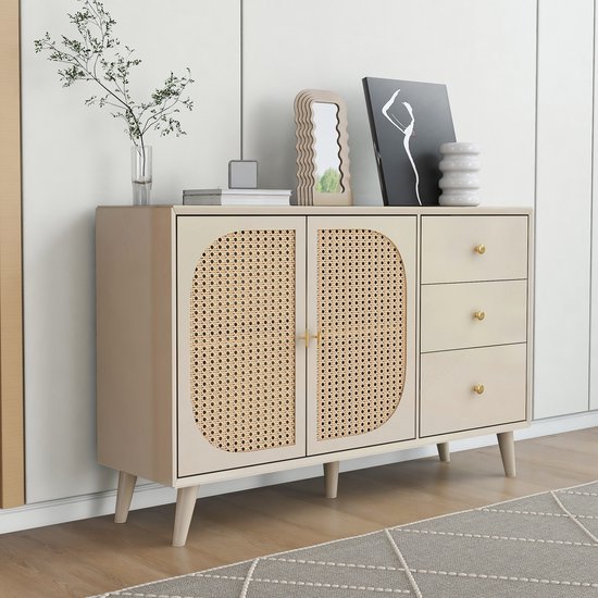 Sweiko Woonkamer ladekast, opbergkast, zijpaneel, TV tafel, met deuren en lades, met grote opbergruimte, beige, breedte 120 cm