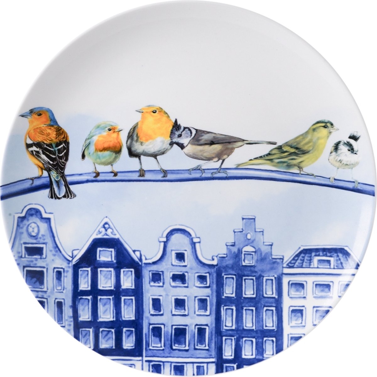 Heinen Delfts Blauw Wandbord Bosvogels In De Stad - Keramiek - Blauw - 26 x 26 x 0 cm (BxHxD)
