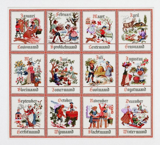 Pako Borduurpakket met telpatroon - Twaalf maanden met antieke afbeeldingen - 219.247 - voorgesorteerd garen - Jobelan - 75 x 85 cm - DIY kit