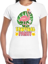 Bellatio Decorations Tropical party T-shirt voor dames - flamingo - wit - carnaval/themafeest L