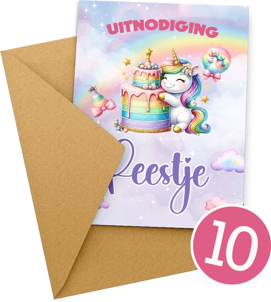 10x Uitnodiging kinderfeestje + Enveloppen | Uitnodiging verjaardag | Jongen of meisje | Uitnodigingskaarten + kraft envelop | Verjaardag Feest | Unicorn