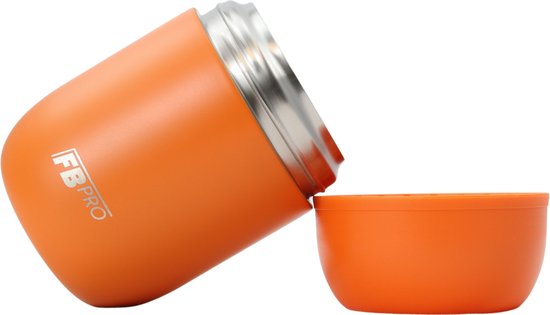 Oranje FB Pro voedselcontainer kantelt met deksel ernaast, open aan de bovenkant.