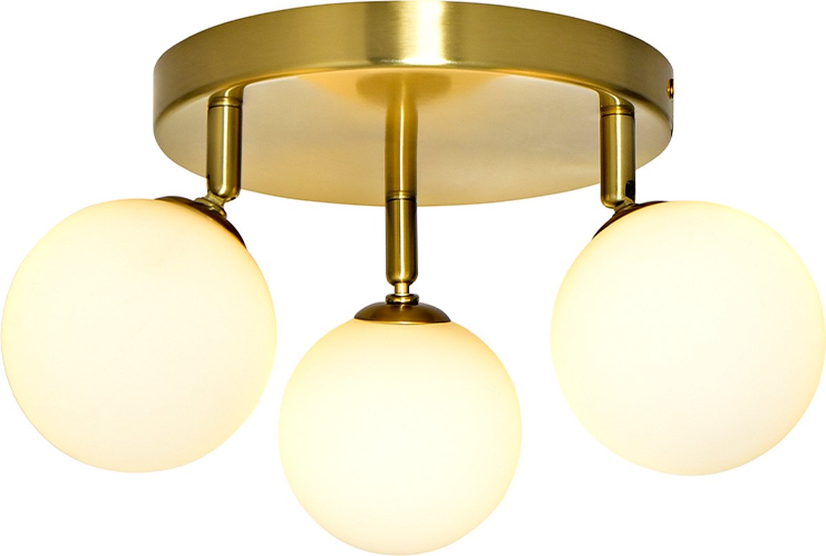 Olucia - AMER - Badkamerplafondlamp - Wit / Messing - Geschikt voor Badkamer - Vorm: Rond