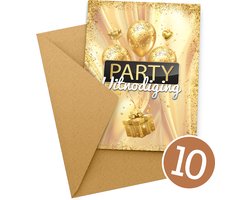 Uitnodiging Kinderfeestje + Enveloppen 10 stuks - Thema Goud - Beschrijfbaar - Uitnodiging verjaardag - Jongen of meisje - Uitnodigingskaarten - kraft envelop - Verjaardag Feest