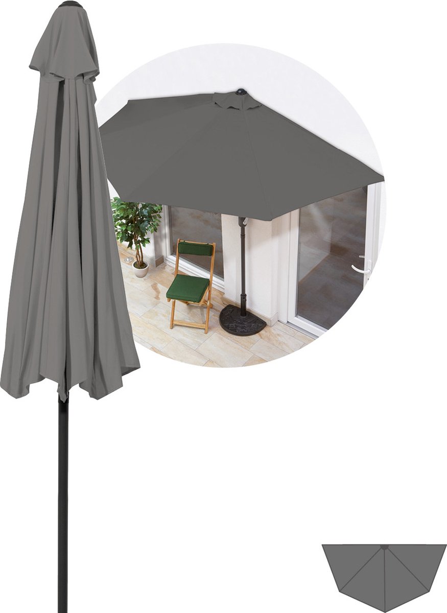 Half ronde grijze EasyMaxx parasol voor balkon/terras, met moderne uitstraling.