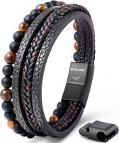 Malinsi Bracelet Homme - Pierre Onyx Marron Cuir Cordons et Acier Inoxydable - Bracelet Homme 20 + 2 cm Extension