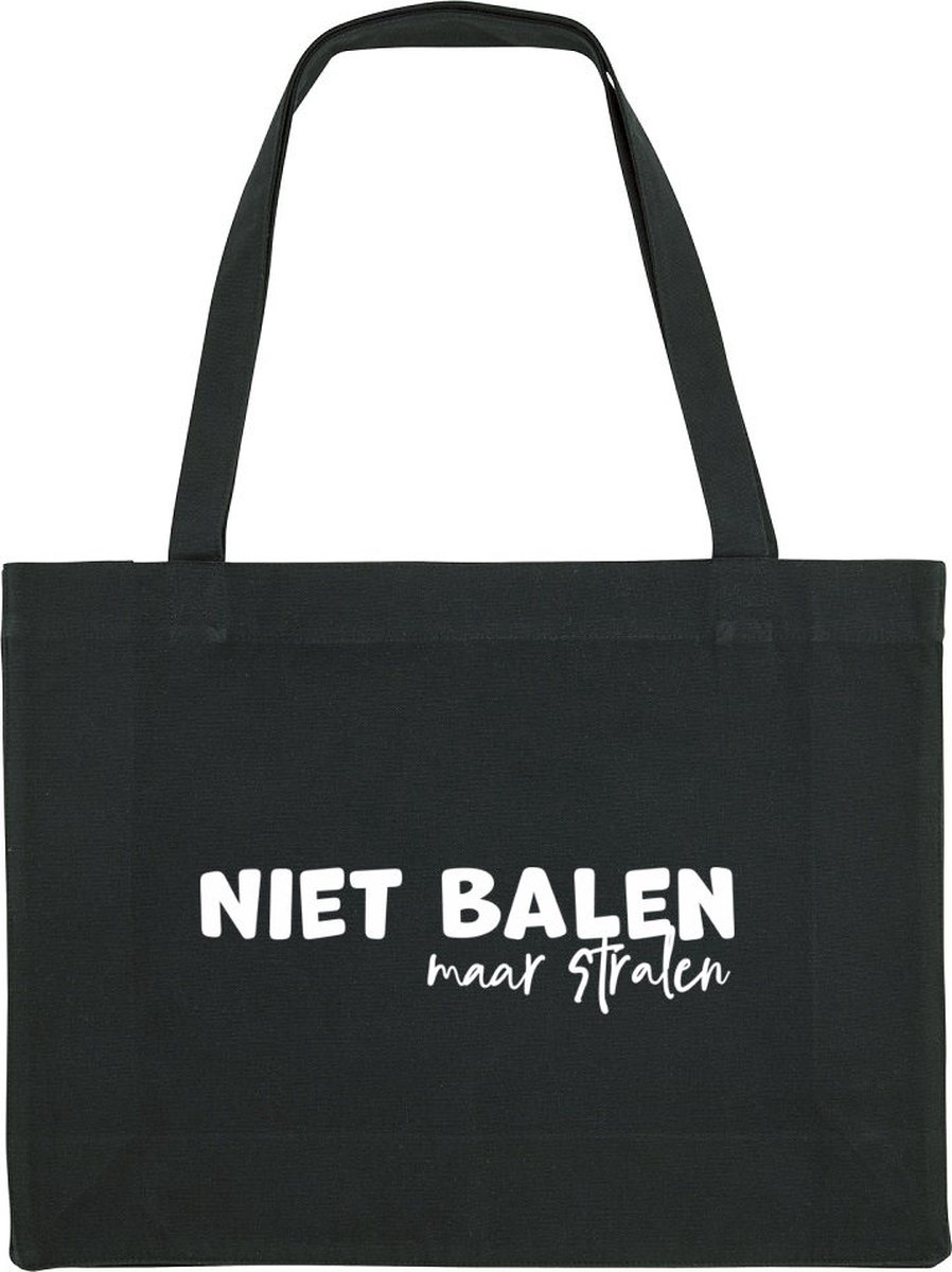 Niet balen maar stralen Shopping Bag - shopping bag - shopping tas - tas - boodschappentas - cadeau - zwart - grappige tekst - bedrukt