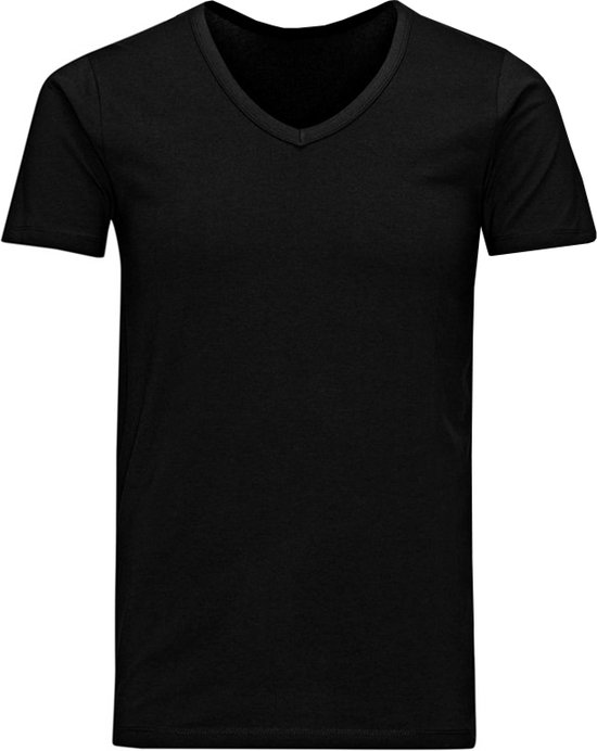 Zwarte V-hals T-shirt met korte mouwen, staand.