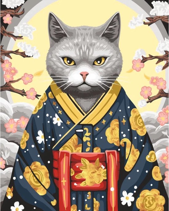 Schilderen op nummer - Wizardi - W033 - Cat in a Kimono - Kat met een Kimono - Canvas op houten frame