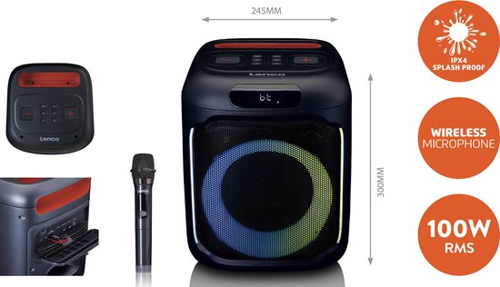 Lenco PA-KING - Draadloze Bluetooth Party Speaker - Met Verlichting en Microfoon - Zwart