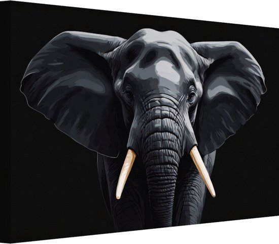 Olifant met zwarte achtergrond wanddecoratie - Olifant portret - Schilderij op canvas Dier - Woonkamer decoratie industrieel - Schilderij op canvas - Slaapkamer accessoires 90x60 cm