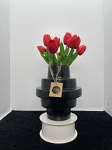 Stairs Vaas met Zijden Tulpen- Vaas - 18x20cm - Mat Zwart - Keramiek