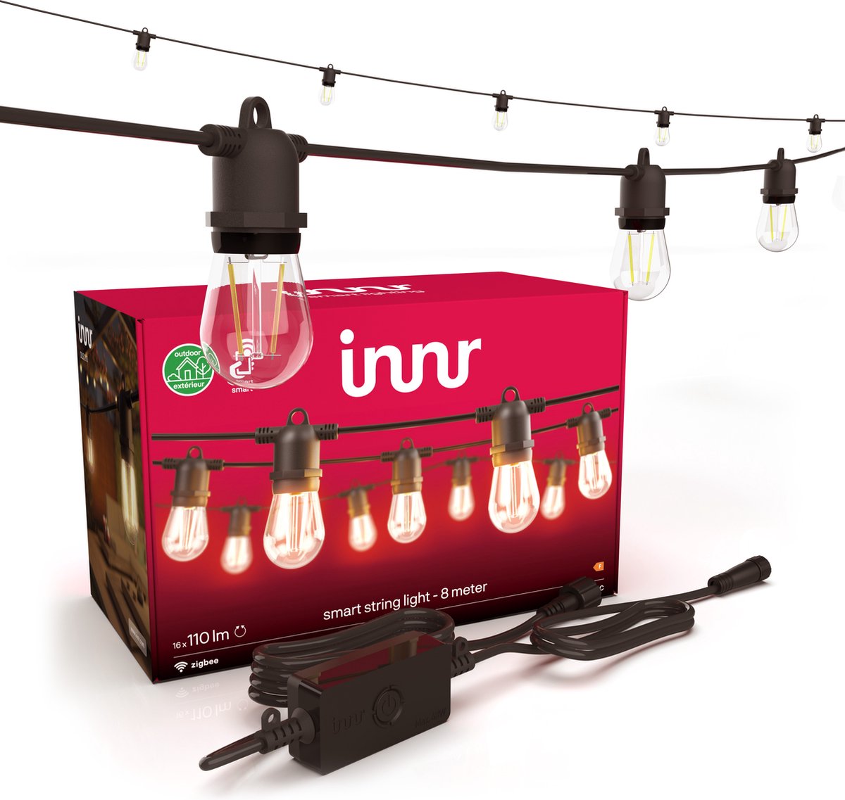 Bol.com Innr lichtsnoer buiten - geschikt voor Philips Hue - Zigbee - 8 meter - warm wit licht - slimme lichtslinger - 16 smart ... aanbieding