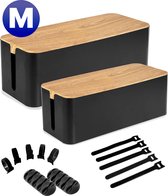 What's Goods® Kabelbox Hout Design Maat M (32CM) - Opbergbox stekkerdoos en kabeldoos (cable) management / snoeren wegwerken + kabel clips en kabelbinders - 1 stuk (Zwart)