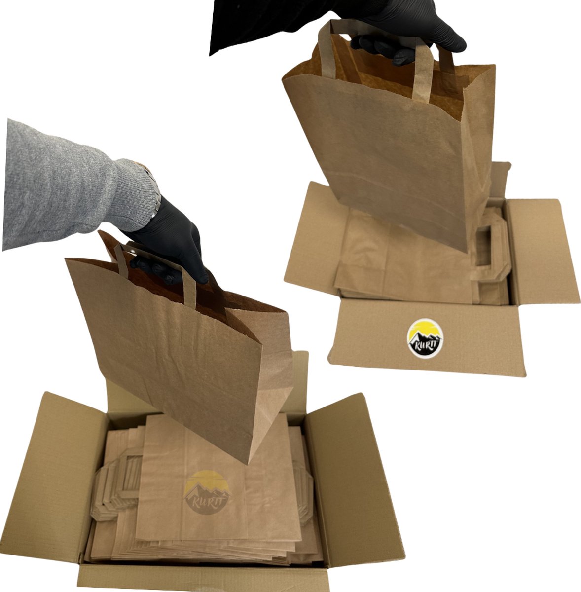 KURTT - 50 papieren draagtassen 22 + 10 x 28 cm bruin | 50 papieren draagtassen 32 + 16 x 26 cm bruin | papieren tassen met handvat | cadeau zakje kraft papieren zakjes | milieuvriendelijk