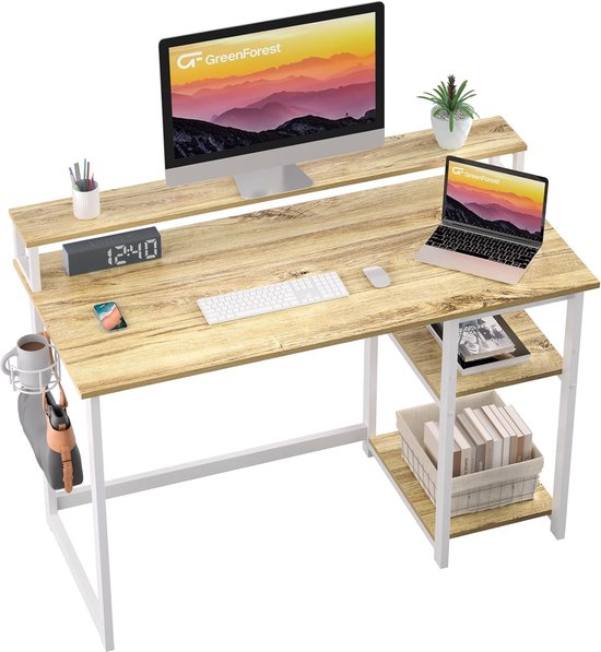 Computer Bureau met Volledige Monitorstandaard en Omkeerbare Opbergplanken, 100 x 50 cm Thuiswerk Bureau met Hoofdtelefoonhaak en Hoofdhouder, Studie Schrijf Gaming Werkstation Tafel, Beige