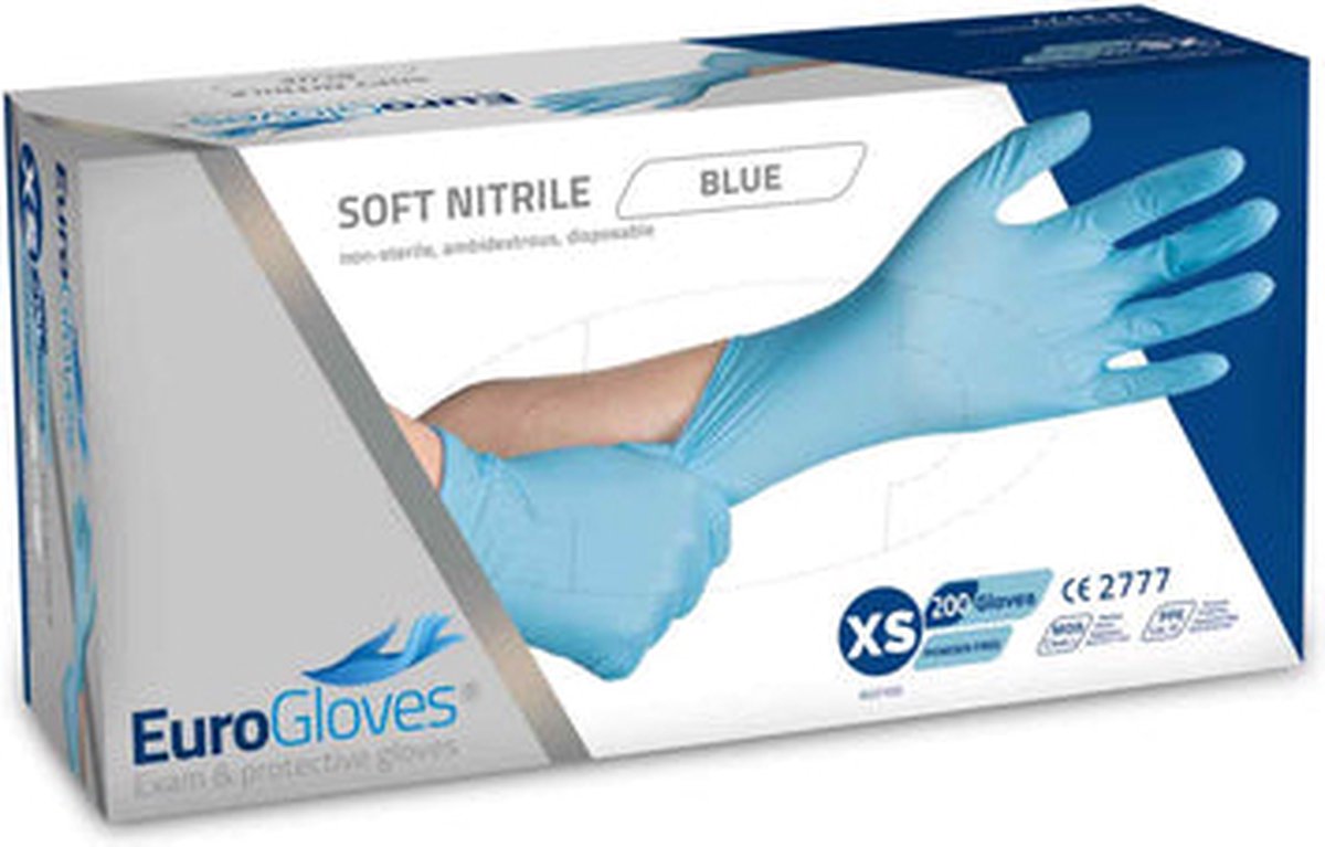Goedkoopste Eurogloves handschoenen soft-nitrile poedervrij blauw - XS- 5 x 200 stuks voordeelverpakking