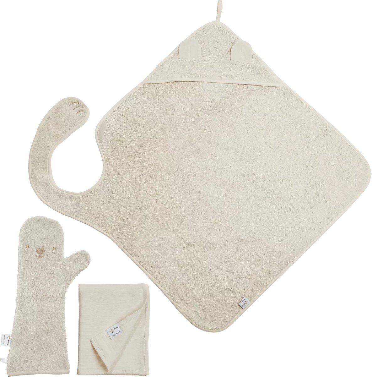 Voordeelset - The Original Baby Shower Glove met Handsfree Badcape en Hydrofiele doek - Nifty - Baby Washandje - Lange washand - Badcape 100x100 - Washandje Baby - Biologisch Katoen – Vanille