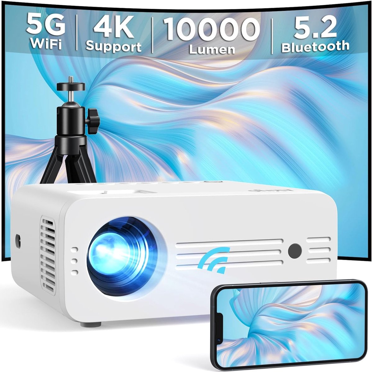 AKIYO Beamer - Full HD 1080p, 10.000 lumen, 5G WiFi en Bluetooth met Statief