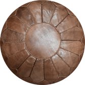 Poef Rond (XL) - Chocolate Brown - Poef Leer - Handgemaakt - Ø60 x 35cm - Gevuld geleverd