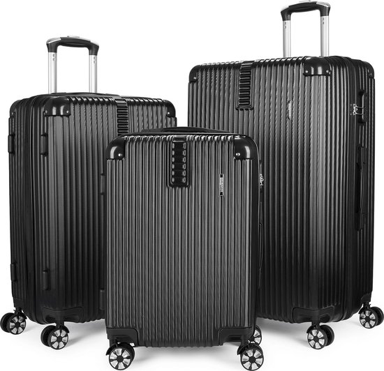 BRUBAKER Kofferset London - 3-delige Kofferset met Handbagage - Hardcase Koffer met Cijferslot, 4 Wielen en Comfortabele Handgrepen - ABS Trolleys (M, L, XL - Zwart)