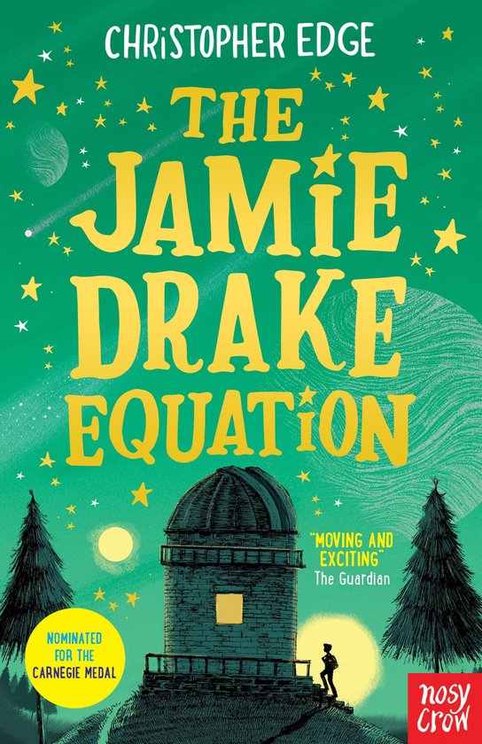 Boekcover: "The Jamie Drake Equation" door Christopher Edge, met sterren, planeten en een observatorium.