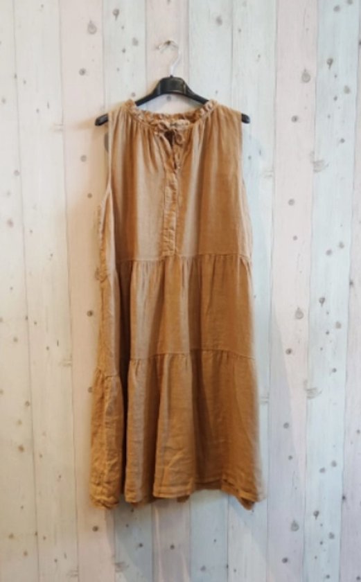 Robe Boho en lin et coton en deux épaisseurs - manches courtes - coloris TAUPE - Taille 44