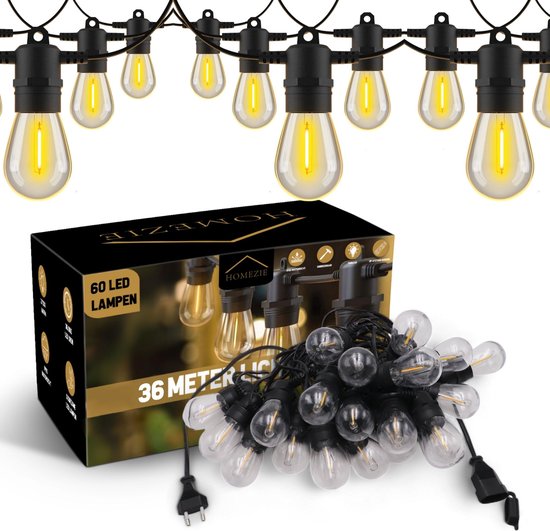 Homesee Cordon lumineux | 36 mètres avec 60 lampes LED S14 en plastique | Étanchéité IP65 | Blanc chaud | Liable et gradable | Éclairage de jardin