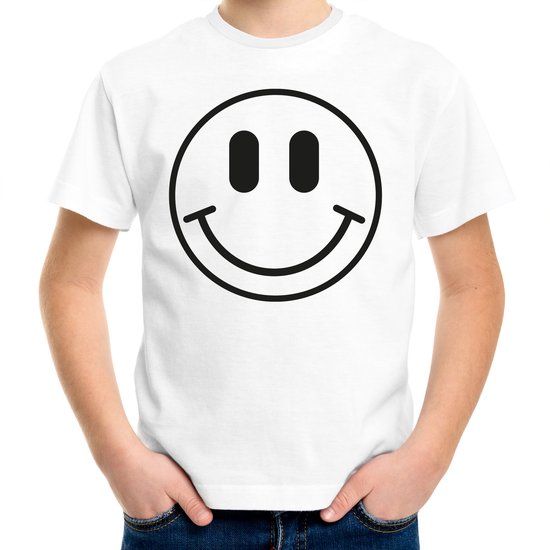 Bellatio Decorations Verkleed shirt jongens - smiley - wit - carnaval - feestkleding voor kinderen 146/152