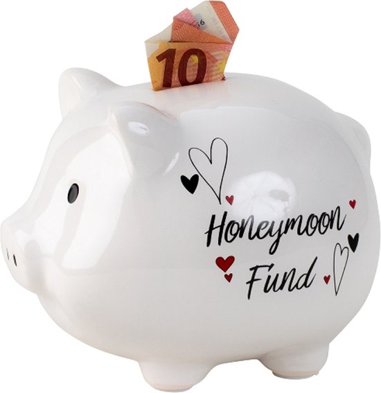 Spaarpot voor volwassenen Honeymoon Fund - keramiek - spaarvarken in bruiloft thema - 14 x 18 cm