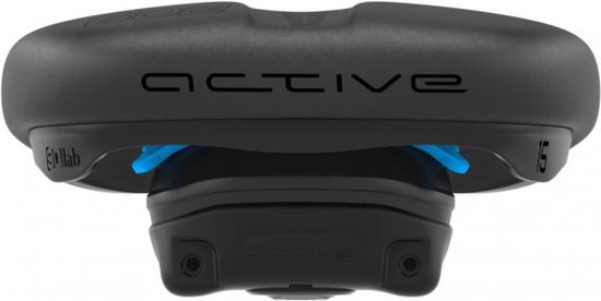 Zwarte fietszadel met blauwe dempers en "ACTIVE" en "15" logo's.