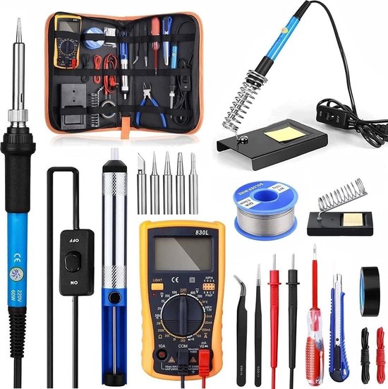 Foto: Diversegoods soldeerboutset 21in1 60w 220v elektronische soldeerbout met aan uit schakelaar regelbare temperatuur 200 450 c digitale multimeter 5 soldeerpunten desoldeerpomp soldeerboutstandaard soldeerblik pincet