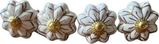 4 x Prachtige RiaD deurknop keramiek vintage witte bloem met goudkleurige opdruk- met schroef voor kast - DIY - kastknop- Meubelknop - Deurknoppen voor kasten - Meubelbeslag - Deurknopjes - Meubelknoppen