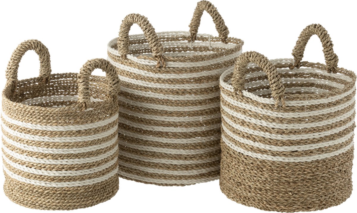 J-Line mand Gestreept - raffia - wit/naturel - set van 3