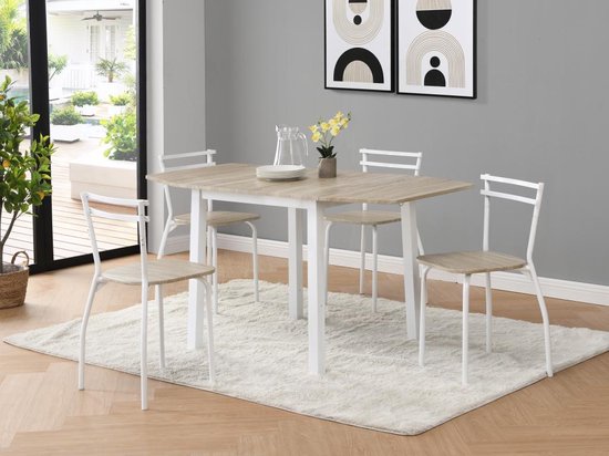 Set van tafel + 4 stoelen van mdf en metaal - Naturel en wit - MAEWIN L 140 cm x H 79.3 cm x D 80 cm