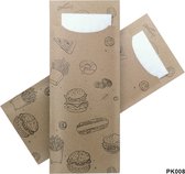 1000 Papieren Bestekzakjes met wit servet - Kraft bruin met een snackmotief