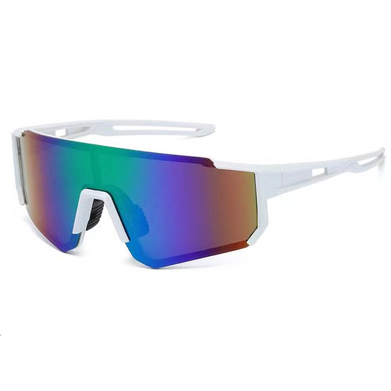 Lunettes de soleil - Vélo - Sport - Lunettes de Festival - Rave - Pour hommes et femmes - Wit - Verre miroir violet/vert