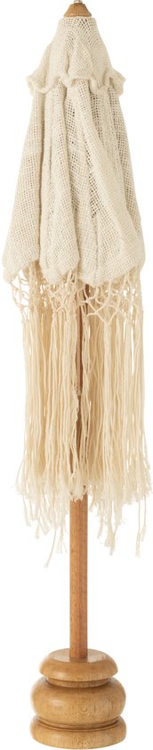 Parasol blanc fermé avec un manche en bois, un pied en bois et de longues franges blanches.