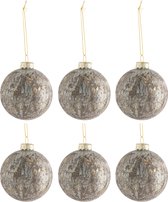 J-Line Doos Van 6 Kerstballen Fluweel Glas Antiek Grijs/Goud Small